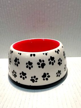 Vintage 1990’s Paw Print Ceramic Pet Bowl - Red Interior, White Exterior 4.5”